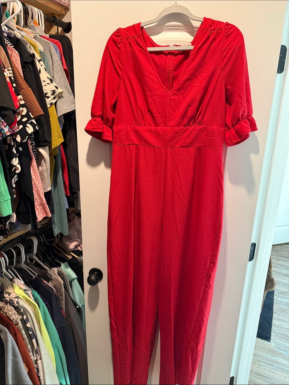 Wonderly Red V-Neck Puff Sleeve Jumpsuit
